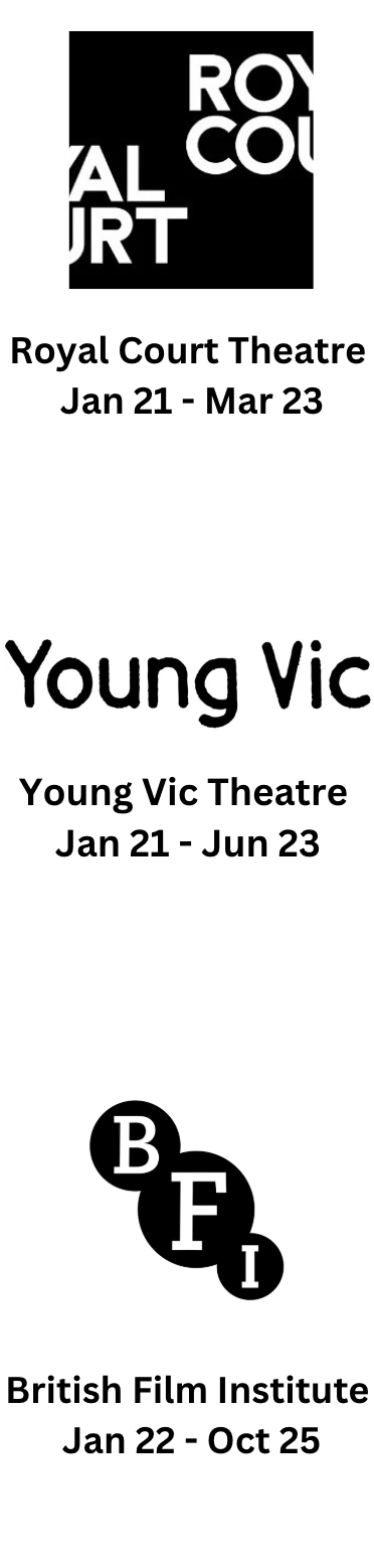 A vertical white strip with black company logos, made up of Young Vic, British Film Institute (BFI) and Royal Court. The strip includes the dates the organisation participated in training.