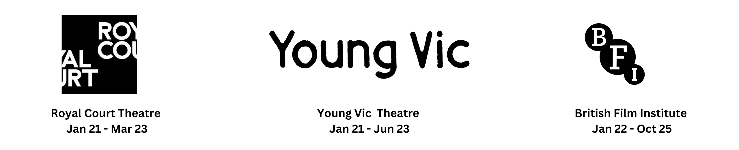 A horizontal white strip with black company logos, made up of Young Vic, British Film Institute (BFI) and Royal Court. The strip includes the dates the organisation participated in training.